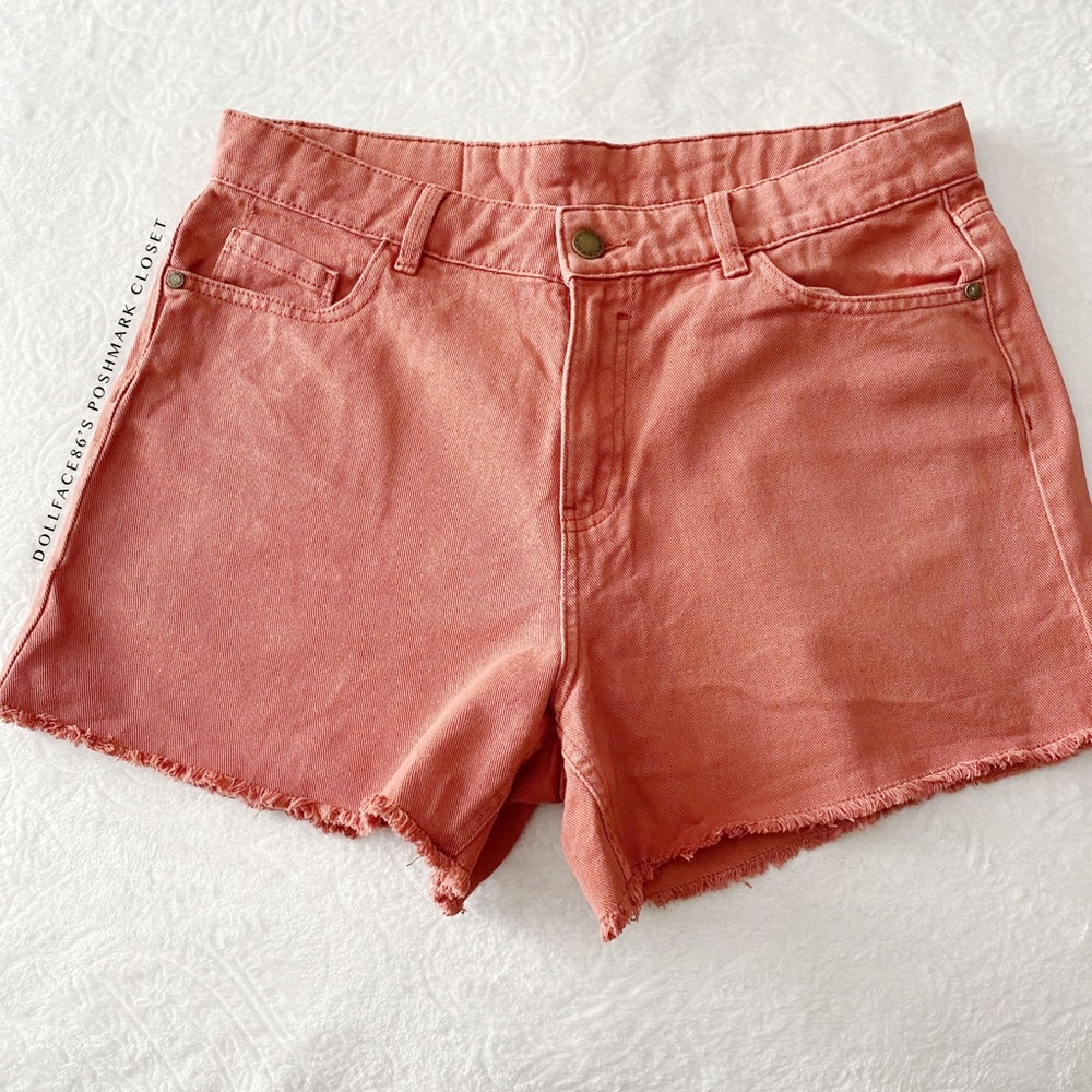 Dusky Red Raw Hem High Waist Jean Shorts